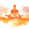 Silhouette of a person meditating amidst orange and peach watercolor clouds